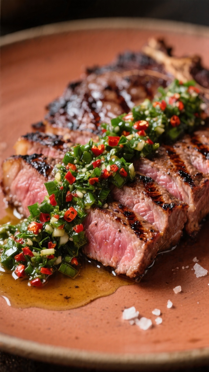 Final dish – grilled steak with chimichurri: Close-up detail of a perfectly grilled ribeye sliced 