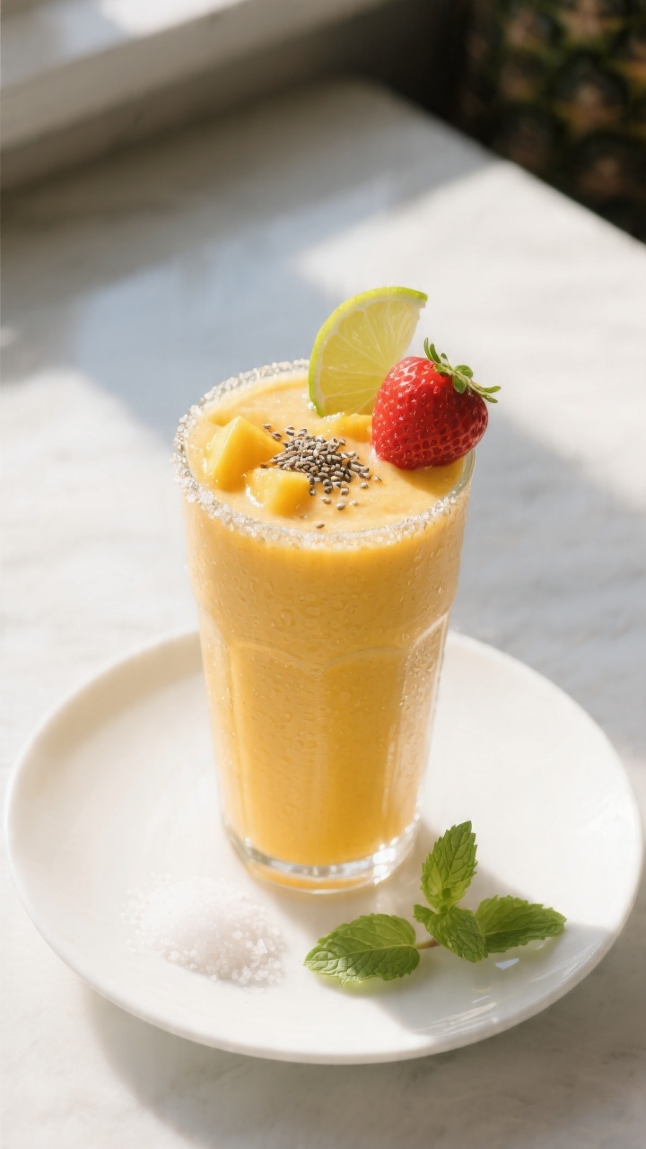 Final dish, hero glass shot: Tall chilled glass of vibrant mango-pineapple-strawberry smoothie with 