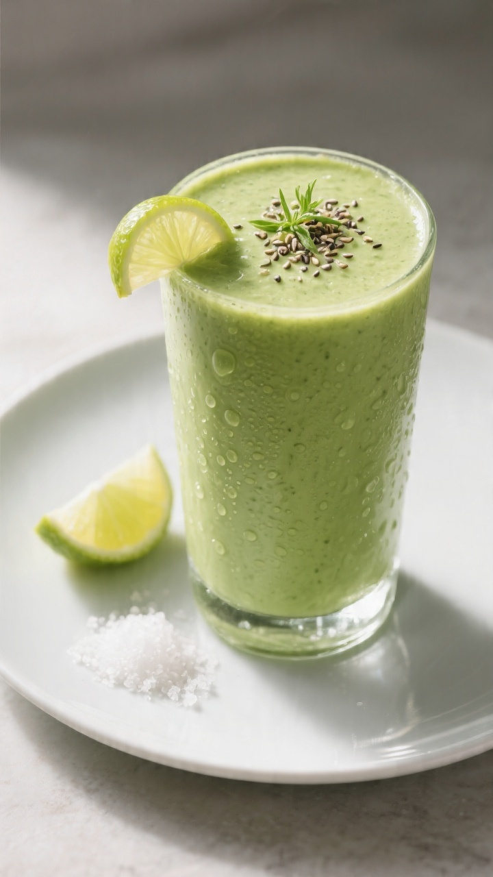 Final dish hero shot: Creamy Avocado Spinach Smoothie poured into a chilled tall glass, velvety and 