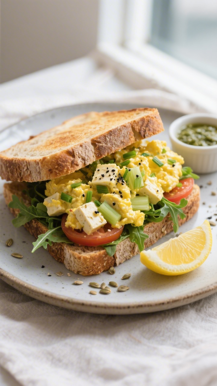 Final dish – Lemon-Herb Tofu “Egg” Sandwich: Beautifully plated sandwich on rustic whole-grain