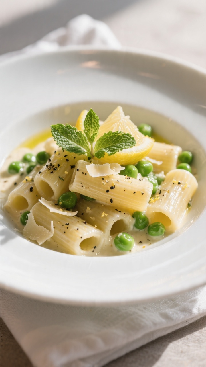 Final dish: Lemony ricotta rigatoni plated restaurant-style in a shallow white bowl; tubes coated in