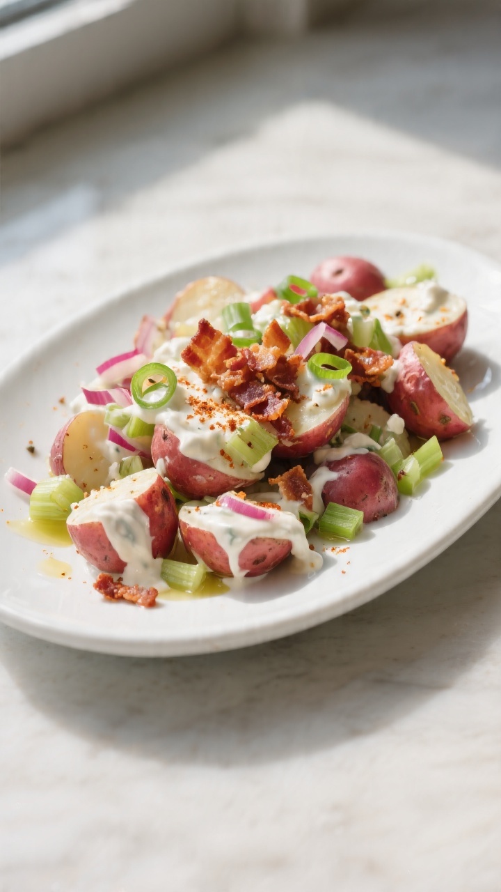 Final dish – Loaded Potato Salad: Beautifully plated baby red potato salad on a wide white ceramic
