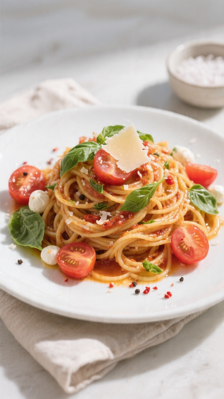 Final dish — No-Cook Tomato Basil Pasta: Beautifully plated mound of glossy spaghetti coated in to