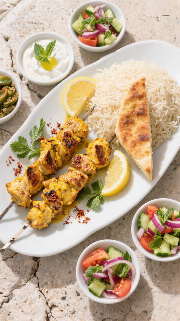 Final dish, overhead platter: Full Persian dinner spread styled family-style—platter of saffron ch