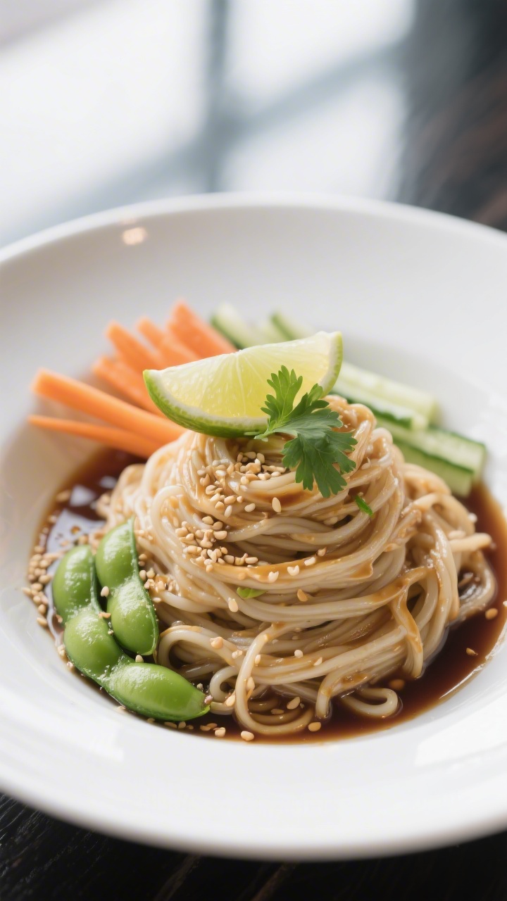 Final dish — Peanut Noodle Bowl, plated: Beautifully presented rice noodles glossed with a silky p