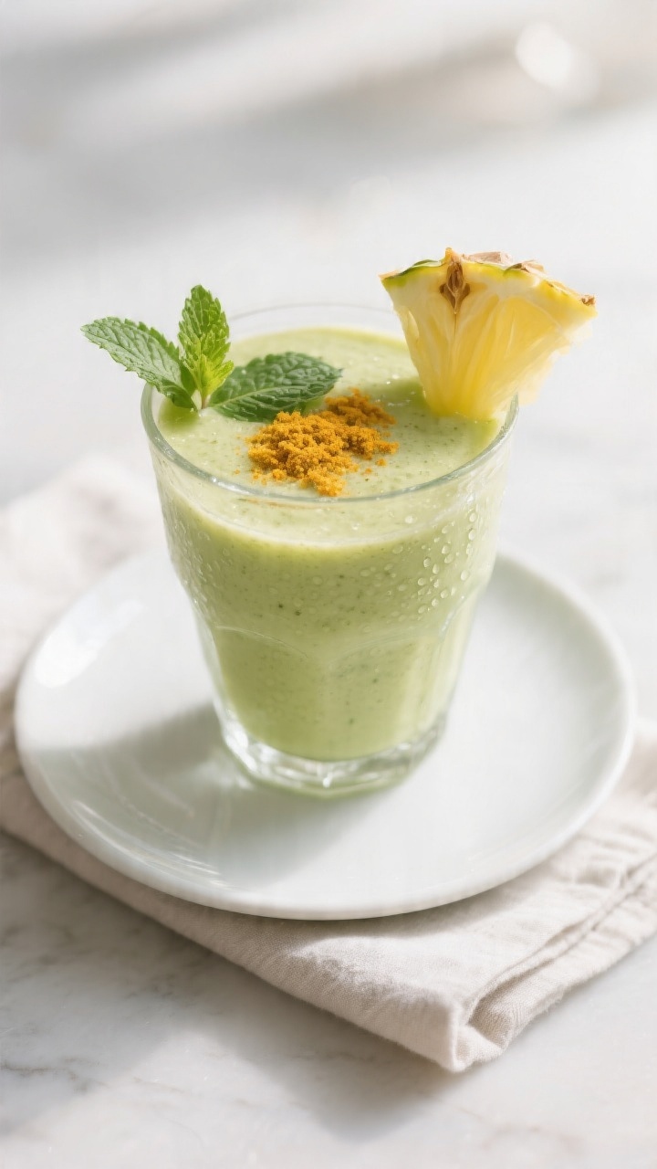 Final dish: Pineapple Ginger Detox Smoothie poured into a chilled clear glass, pale tropical green c