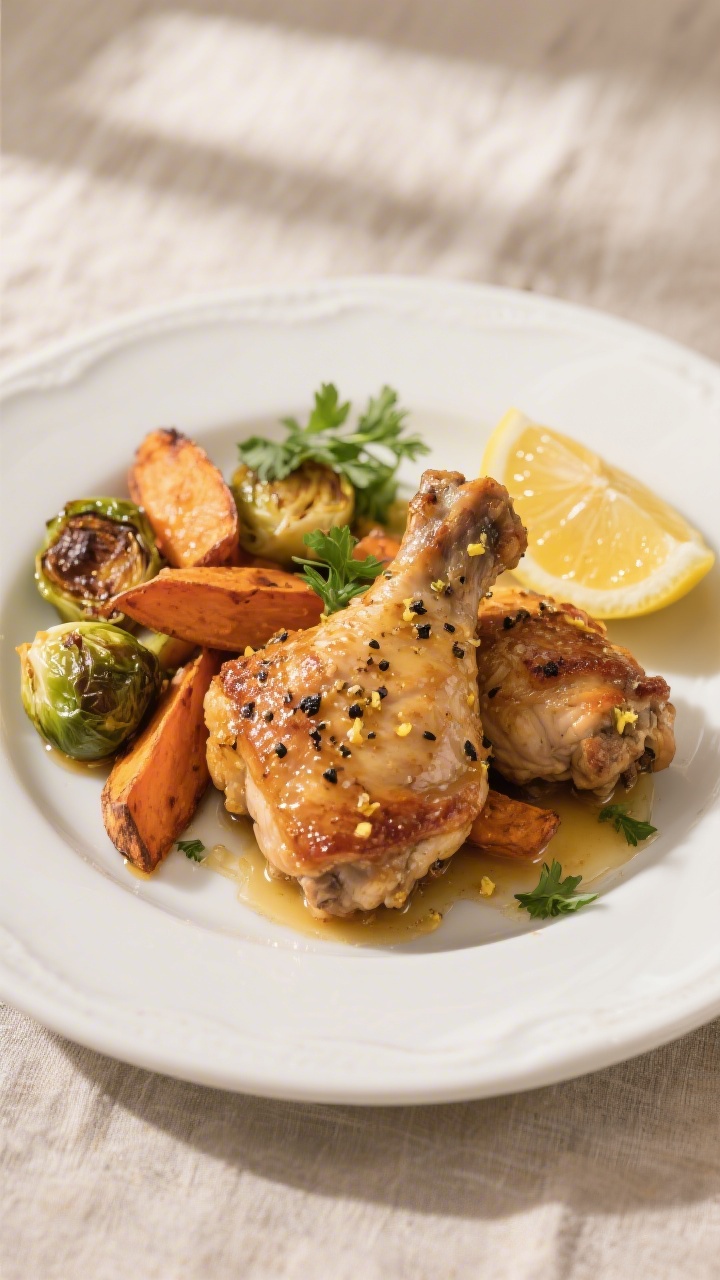 Final dish, plated: Beautifully plated lemon pepper chicken thighs with blistered roasted Brussels s