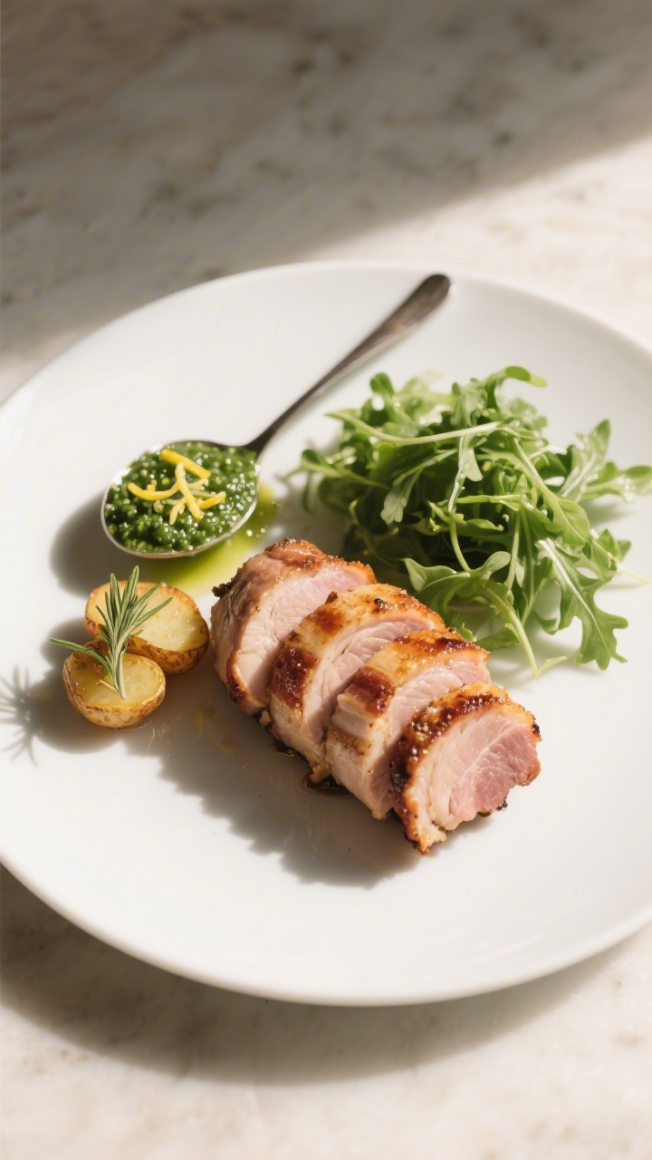 Final dish plated: Beautifully sliced pork belly roll (1/2-inch slices) fanned on a matte white plat