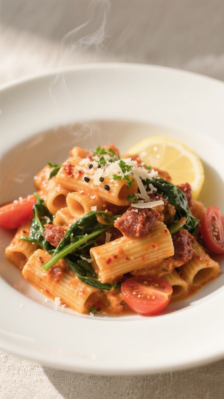 Final dish plated: Creamy chorizo pasta twirled into a neat mound on a wide white bowl, sauce glossy