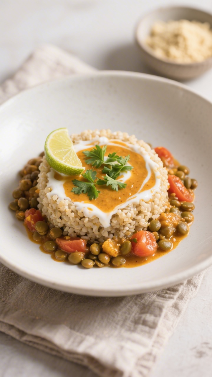 Final dish plated: Creamy Lentil Curry over quinoa, richly simmered lentils and tomatoes with curry 