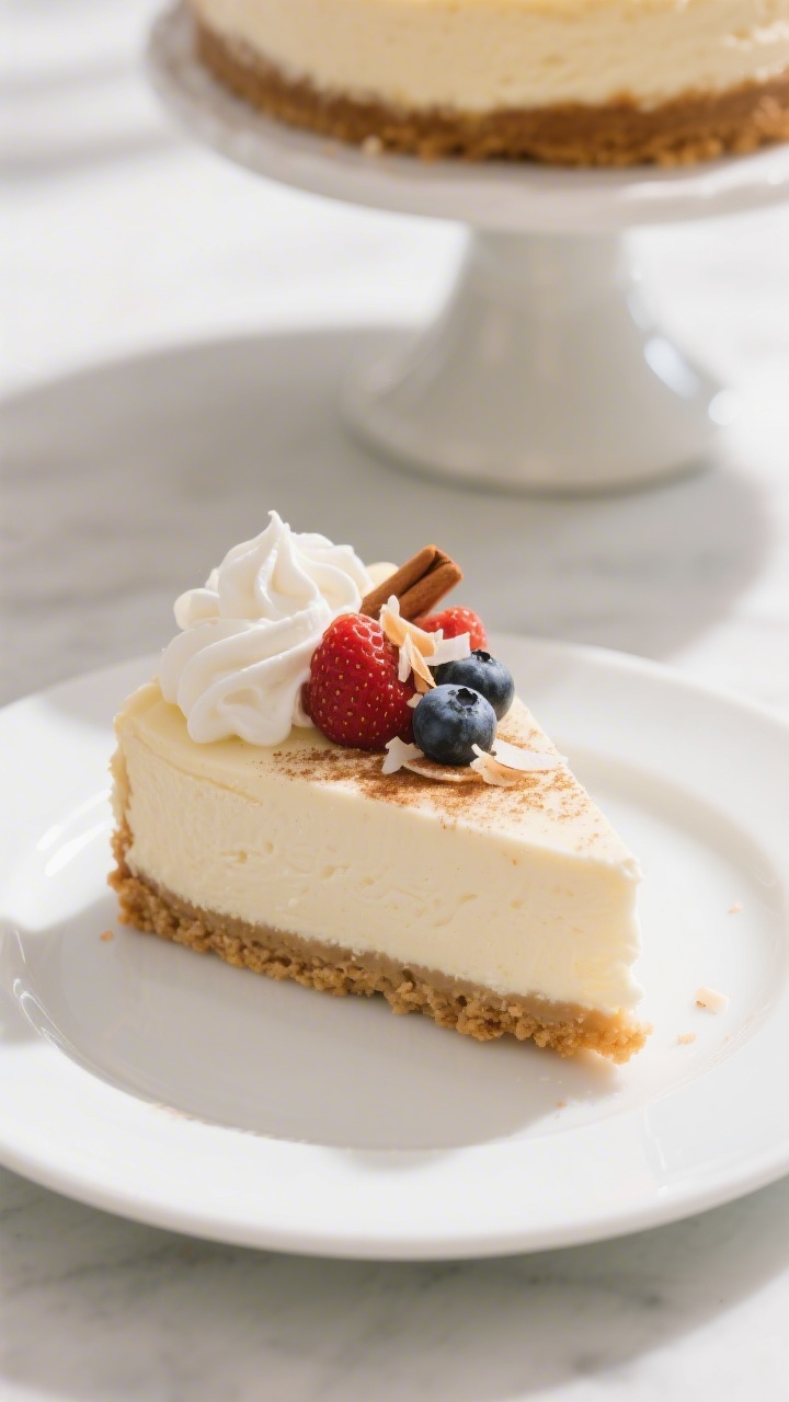 Final dish, plated presentation: A pristine slice of tres leches cheesecake on a white rimmed plate,