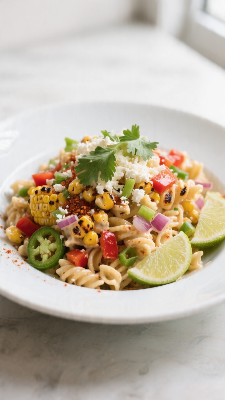 Final dish, plated presentation: Mexican Street Corn Pasta Salad mounded in a wide, low white bowl; 