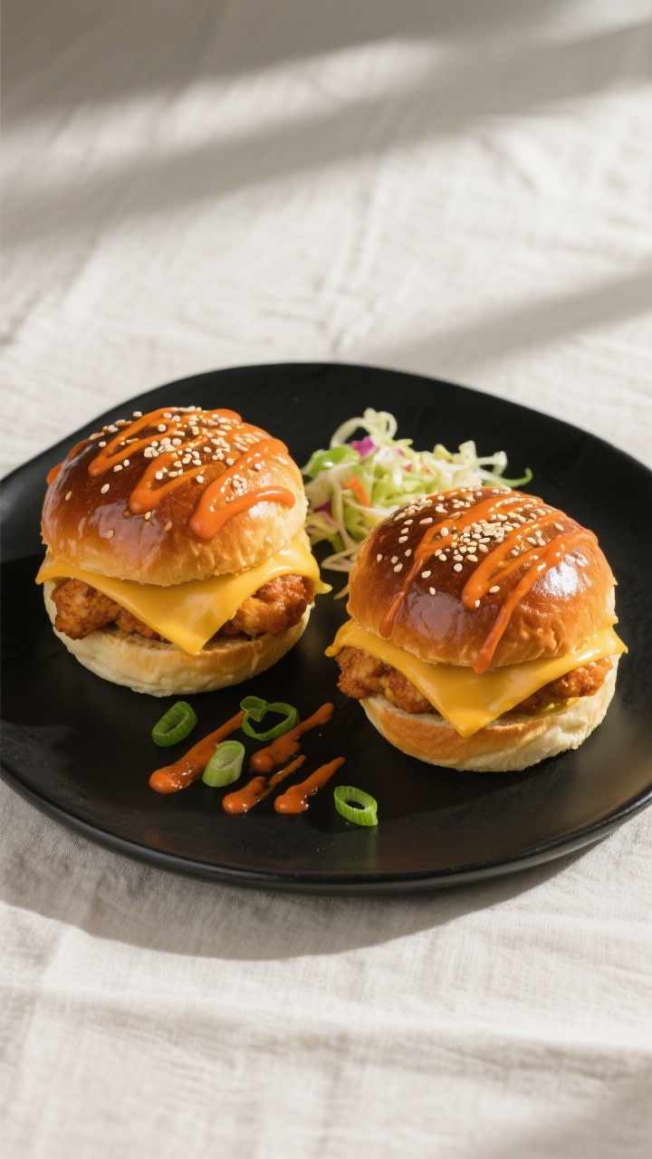 Final dish plated: Restaurant-quality presentation of two Cheesy Dynamite Chicken Buns on a matte bl