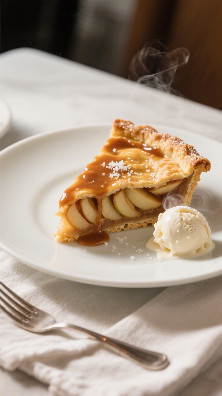 Final dish presentation: A beautifully plated slice of classic apple pie on a matte white plate, cle