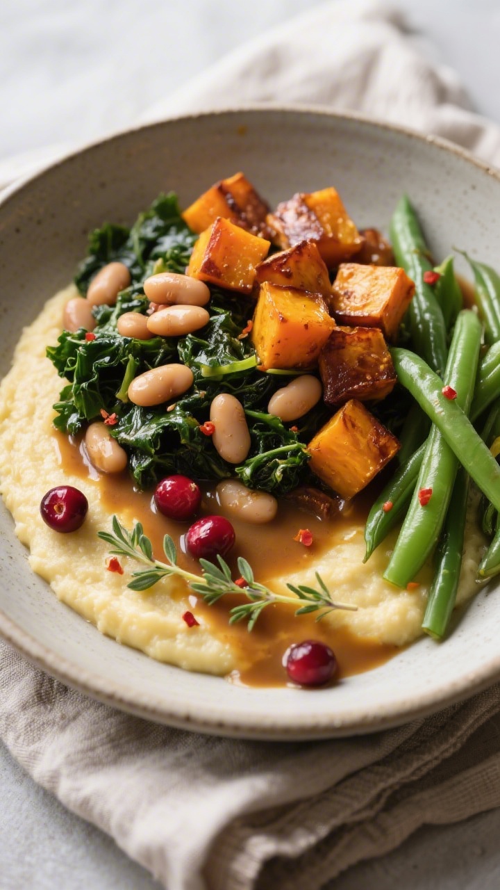 Final dish presentation: A cozy bowl of creamy polenta topped with braised kale and cannellini beans
