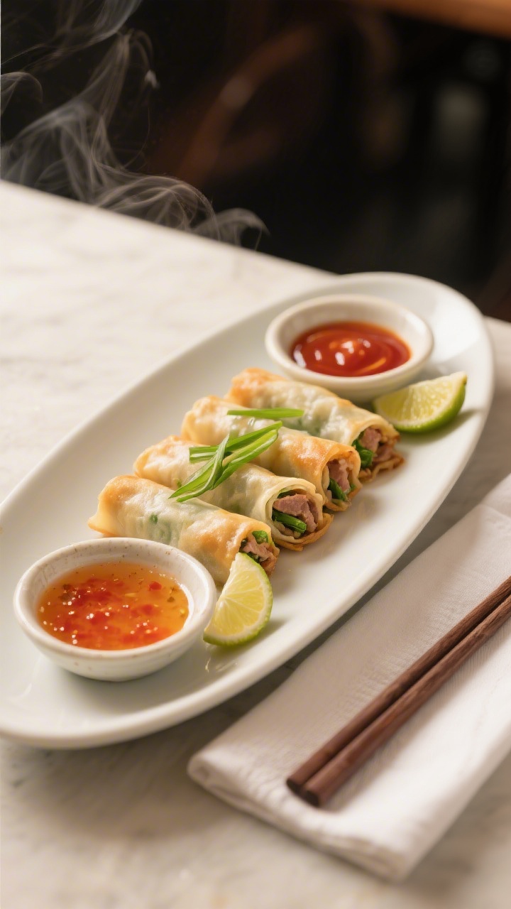 Final dish presentation: A platter of Lumpiang Shanghai arranged in neat rows on a matte white oval