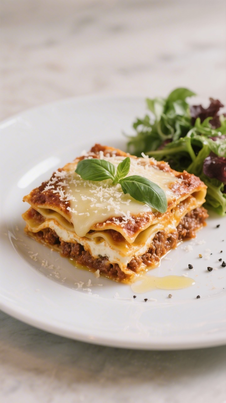 Final dish presentation: A single, cleanly sliced square of lasagna plated on a matte white plate, l