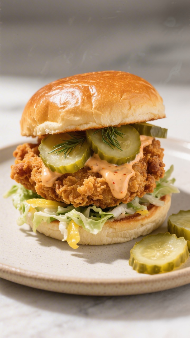 Final dish presentation: Beautifully assembled pickle-brined fried chicken sandwich on a soft toaste