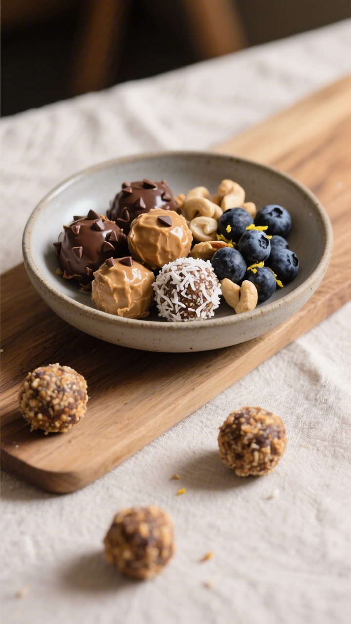 Final dish presentation: Beautifully plated assortment of flavor variations of energy balls—Chocol