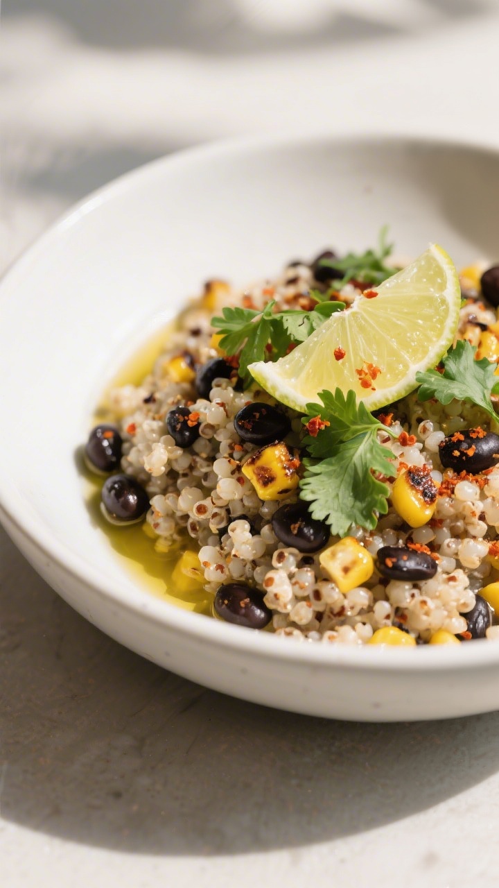Final dish presentation: Beautifully plated black bean quinoa bowl—fluffy quinoa folded with charr