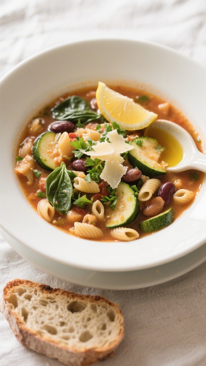 Final dish presentation: Beautifully plated bowl of minestrone, three-quarter top view. Served in a