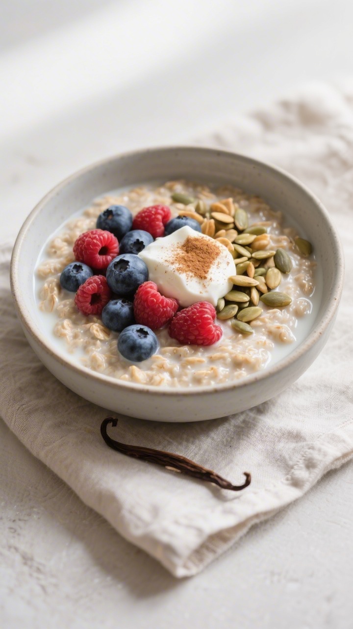 Final dish presentation: Beautifully plated bowl of overnight oats finished just before serving—th