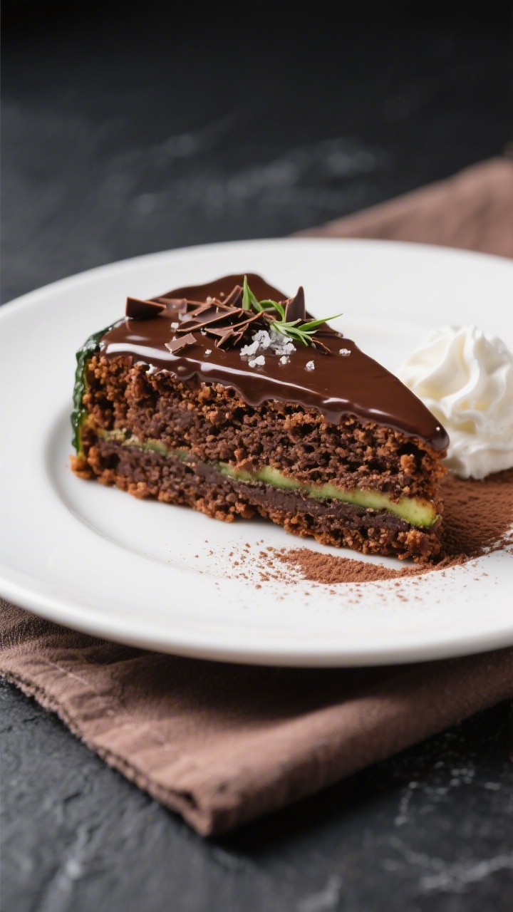 Final dish presentation: Beautifully plated Chocolate Zucchini Cake slice on a matte white dessert p