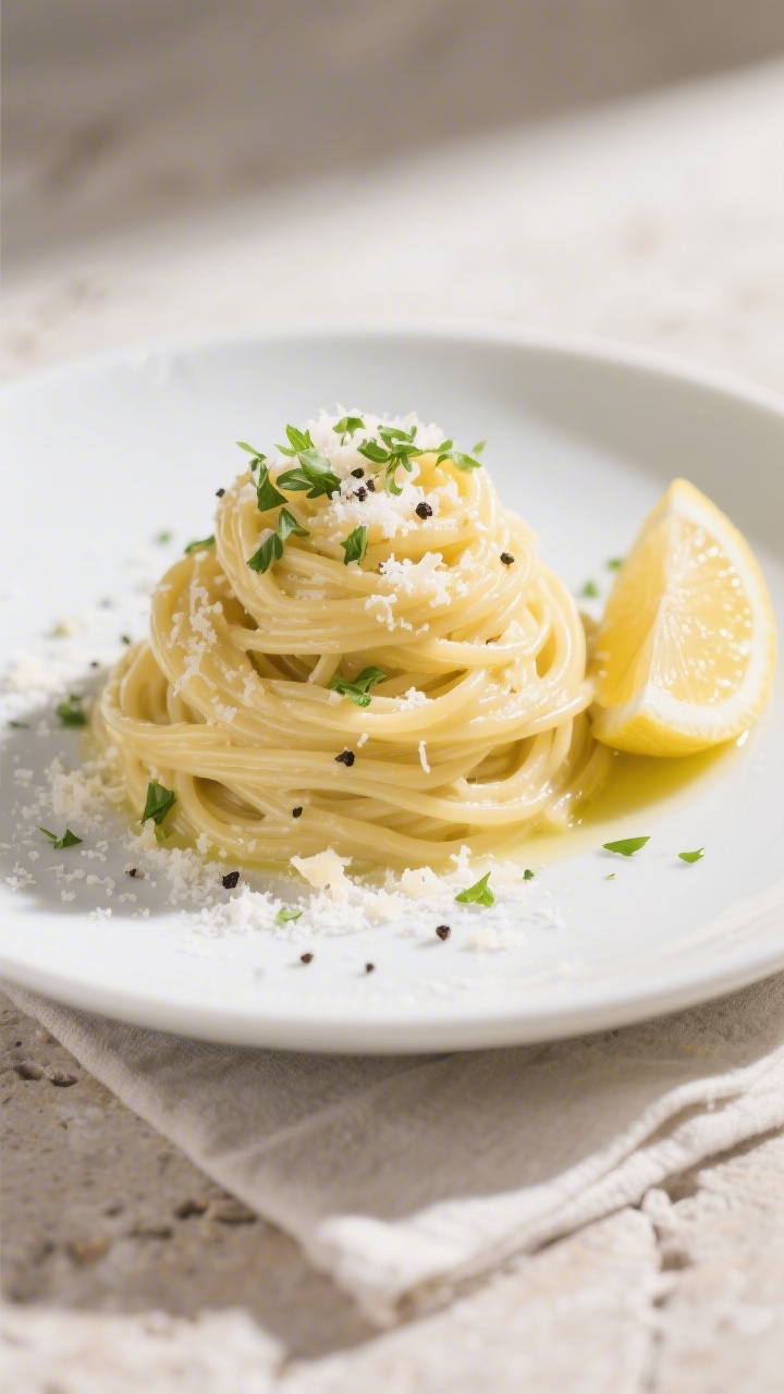 Final dish presentation: Beautifully plated creamy lemon linguine twirled into a high nest on a matt