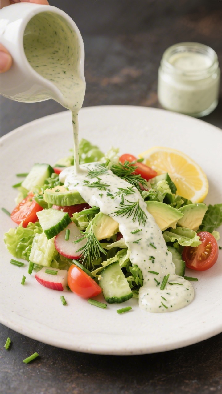Final dish presentation: Beautifully plated dairy-free ranch as a pourable salad dressing—drizzled