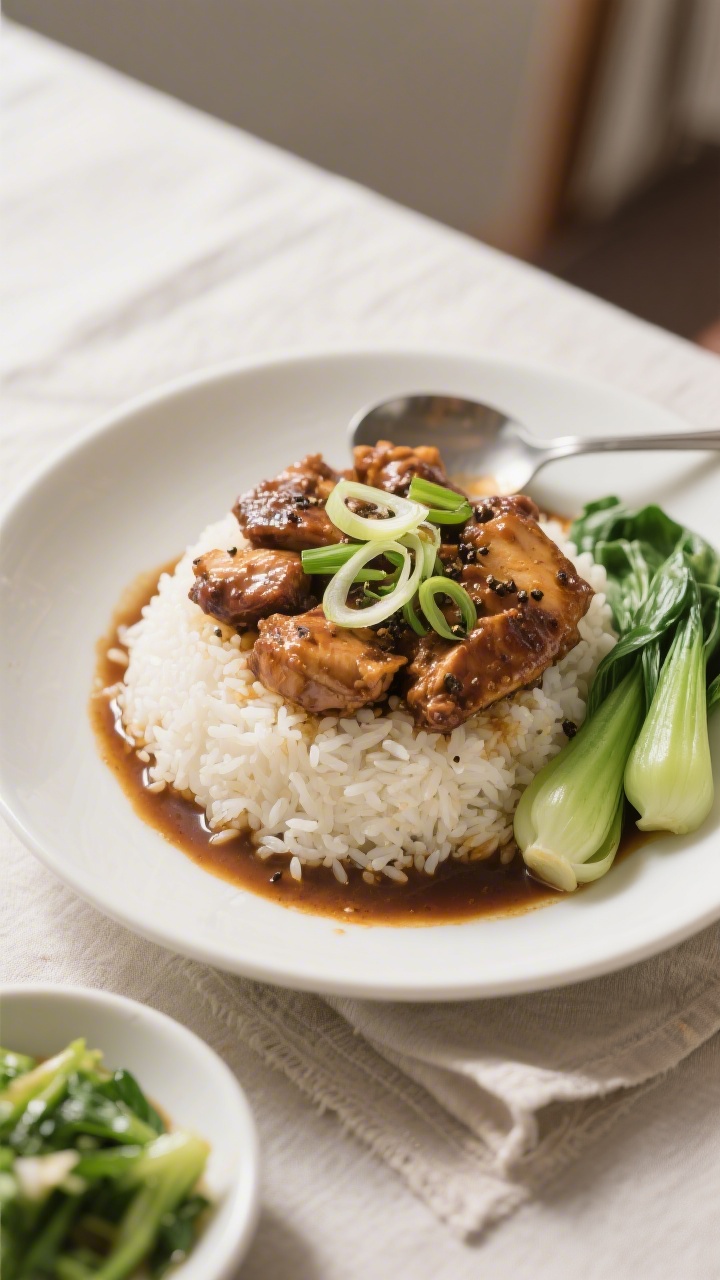Final dish presentation: Beautifully plated Filipino Chicken Adobo over a neat mound of hot steamed 