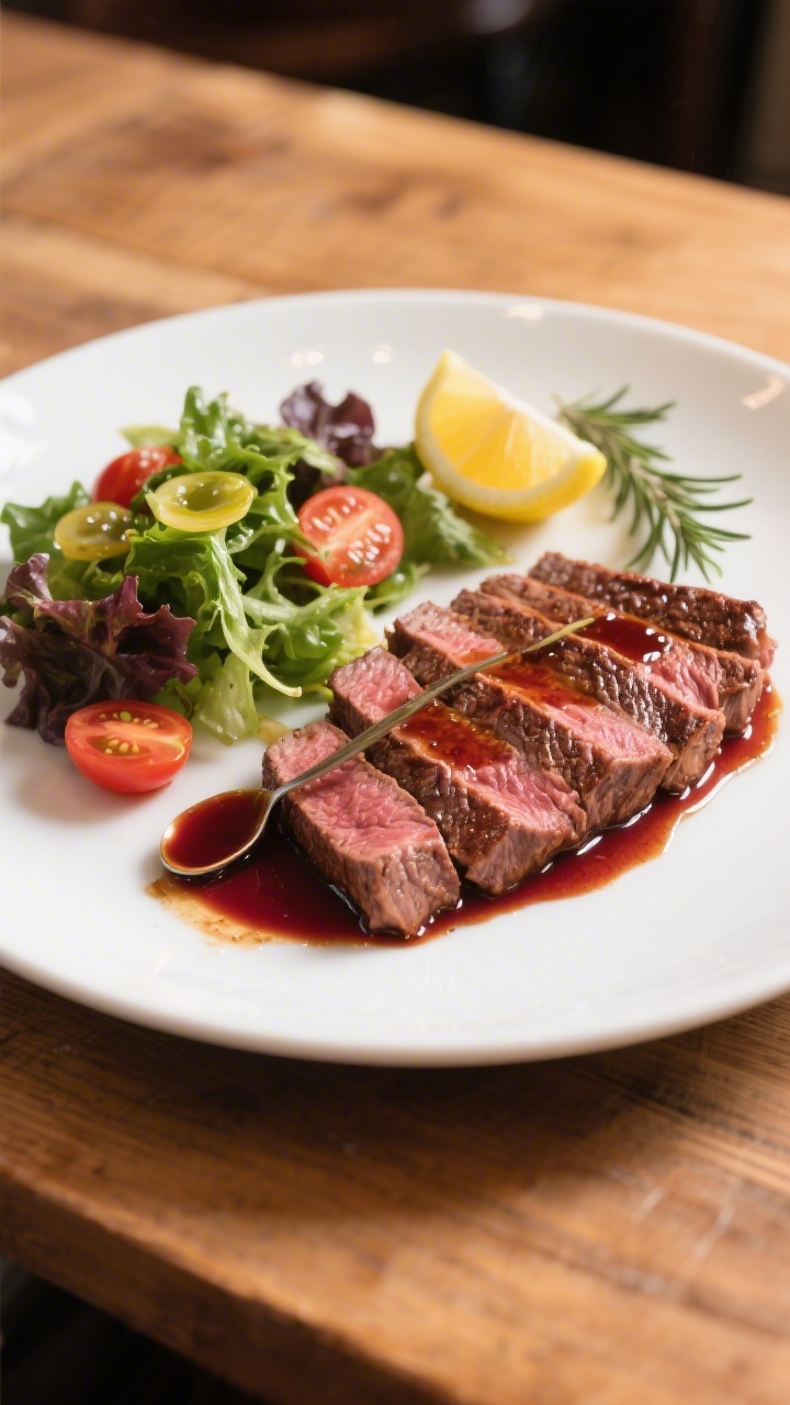 Final dish presentation: Beautifully plated flank steak, sliced thinly against the grain at a slight