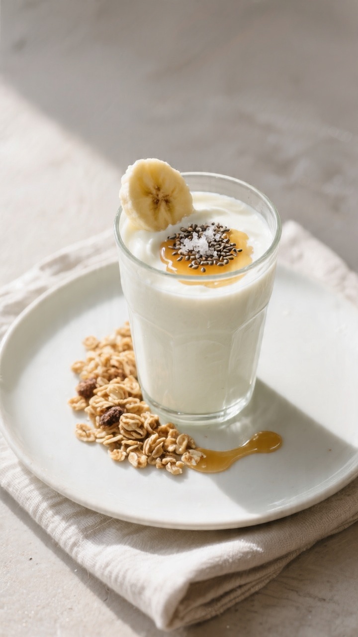 Final dish presentation: Beautifully plated Greek yogurt smoothie served in a tall glass on a matte 