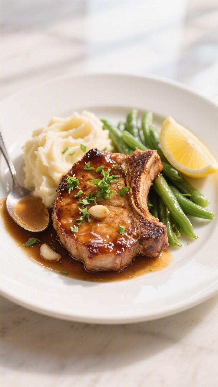 Final dish presentation: Beautifully plated honey garlic pork chops on a warm white ceramic plate, c