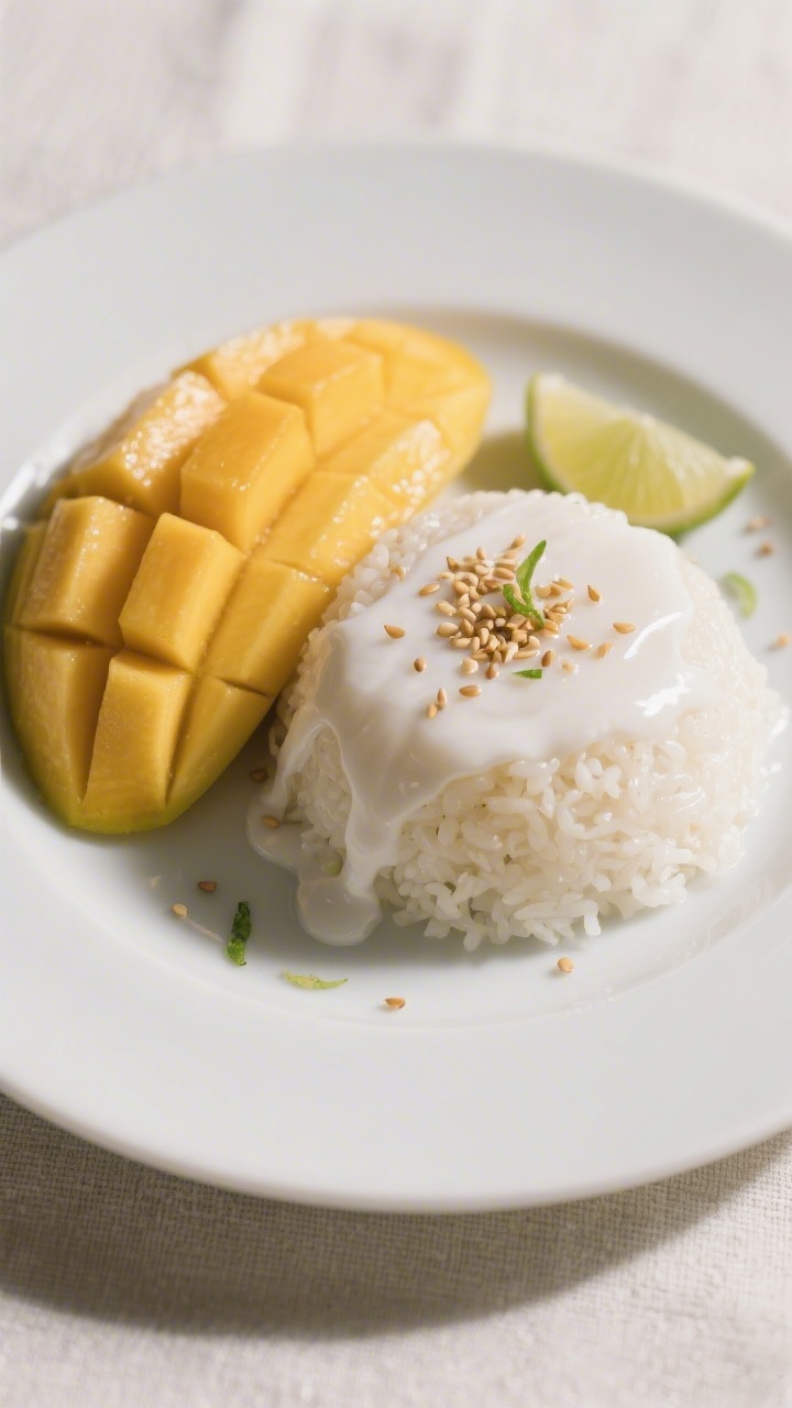 Final dish presentation: Beautifully plated Mango Sticky Rice with fan-sliced ripe Ataulfo mango alo