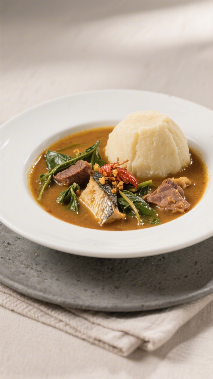 Final dish presentation: Beautifully plated Onugbu soup in a wide, shallow white bowl, lush, thick c