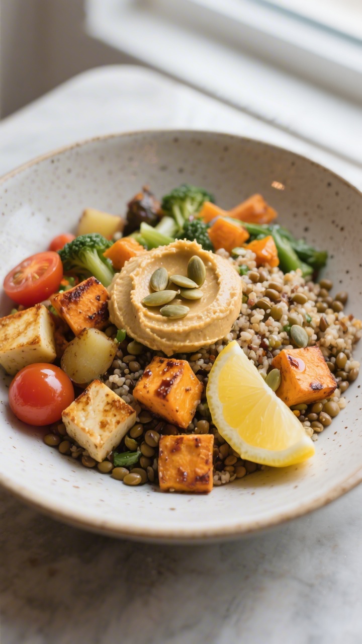 Final dish presentation: Beautifully plated quinoa and lentil power bowl with roasted Yukon gold and