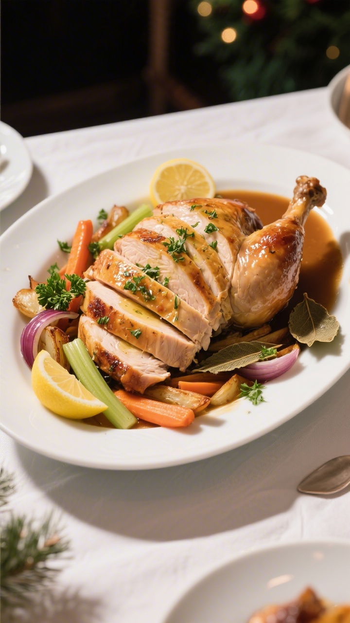 Final dish presentation: Beautifully plated sliced herb-butter roast turkey—juicy breast slices fa