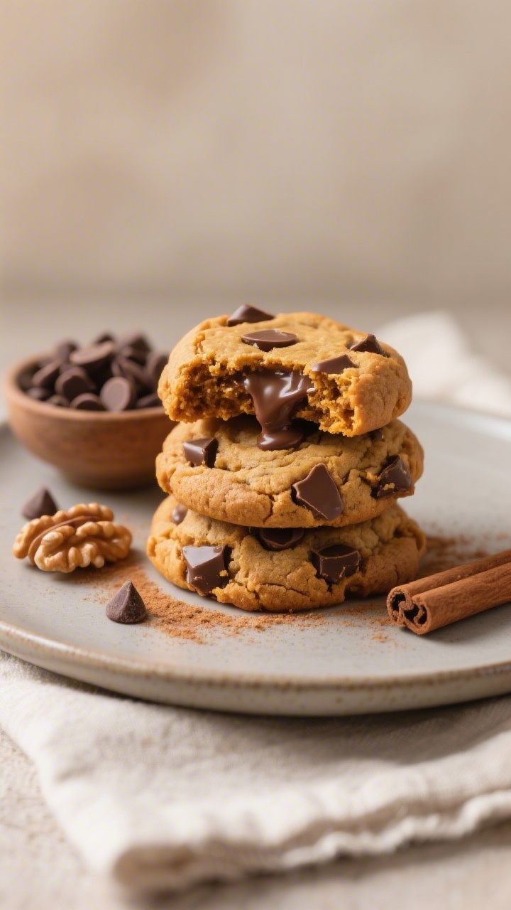 Final dish presentation: Beautifully plated stack of pumpkin chocolate chip cookies on a matte ceram