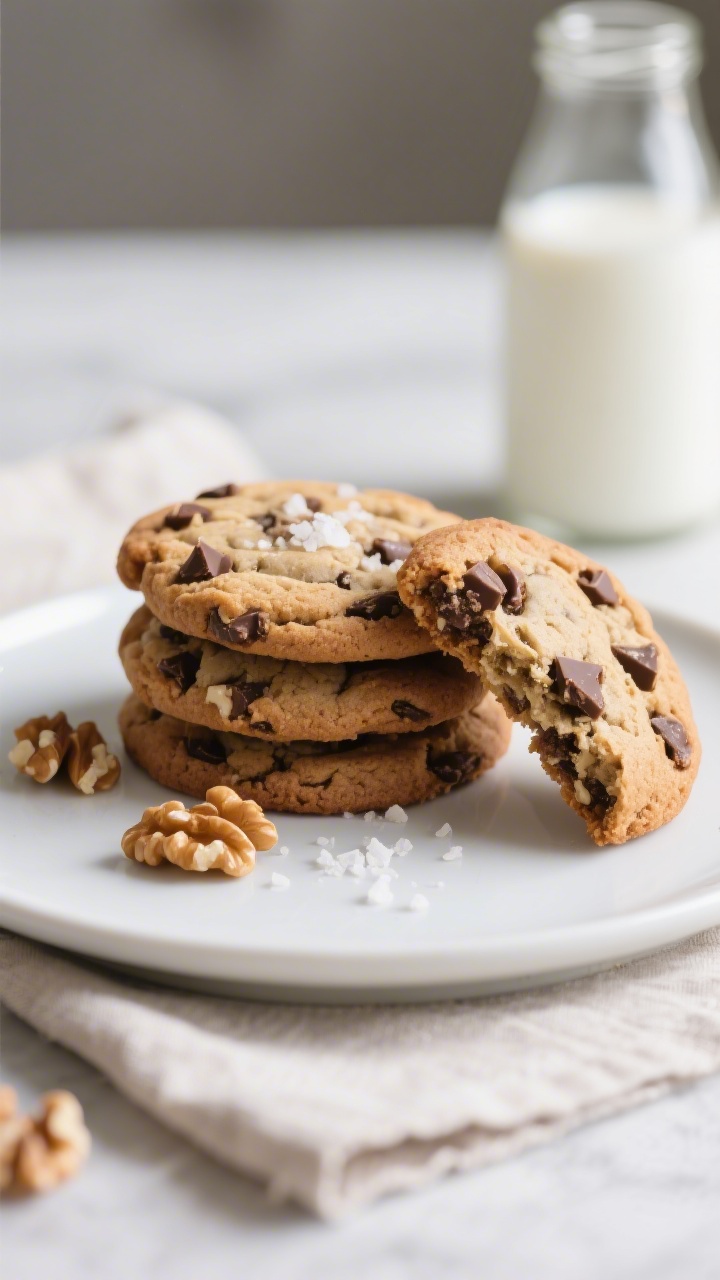 Final dish presentation: Beautifully plated stack of classic chocolate chip cookies on a matte white