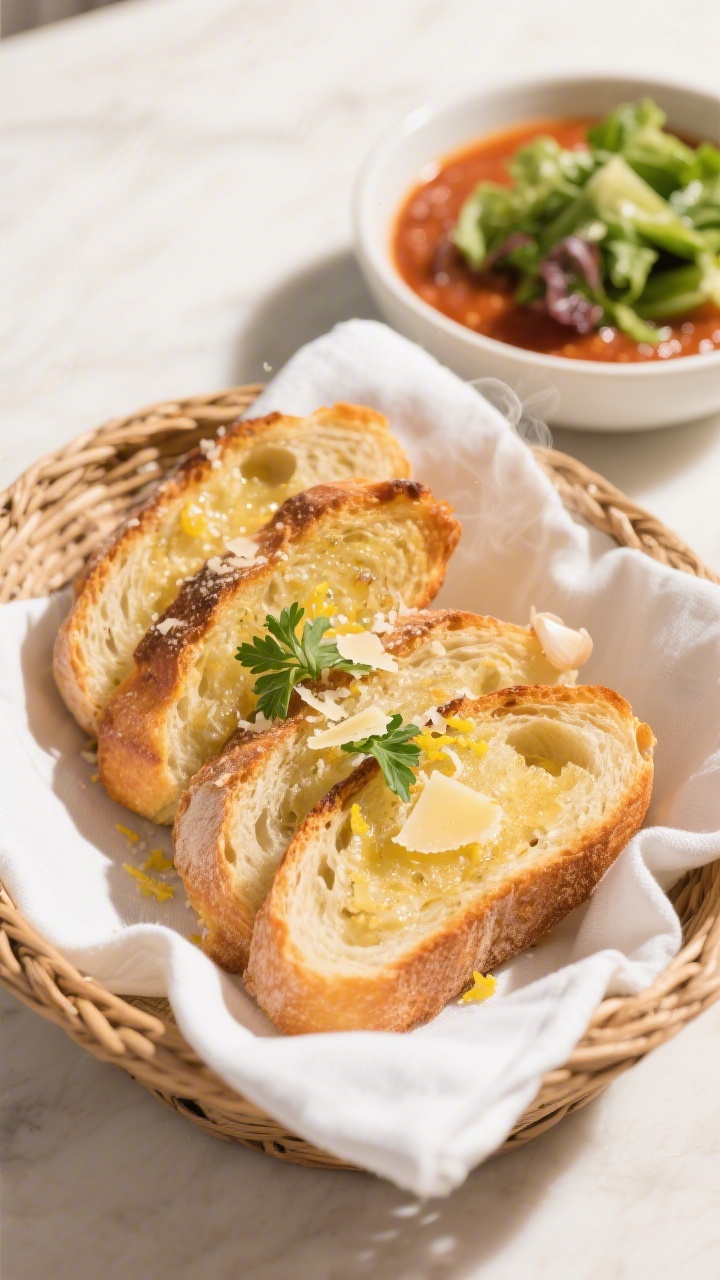 Final dish presentation: Beautifully plated thick slices of crispy, buttery garlic bread in a rustic
