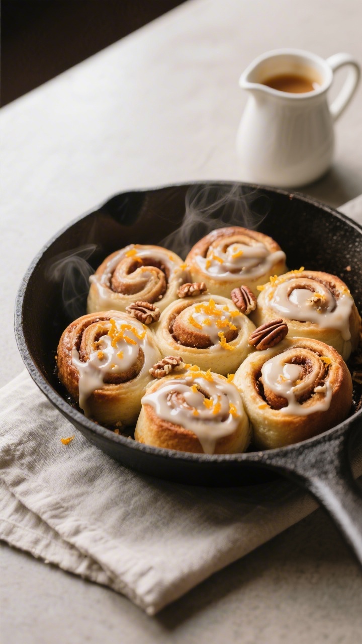 Final dish presentation: Beautifully plated vegan cinnamon rolls arranged in a cast-iron skillet, li