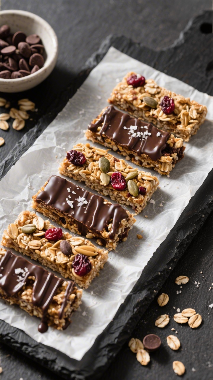 Final dish presentation: Beautifully sliced homemade granola bars arranged in staggered rows on parc