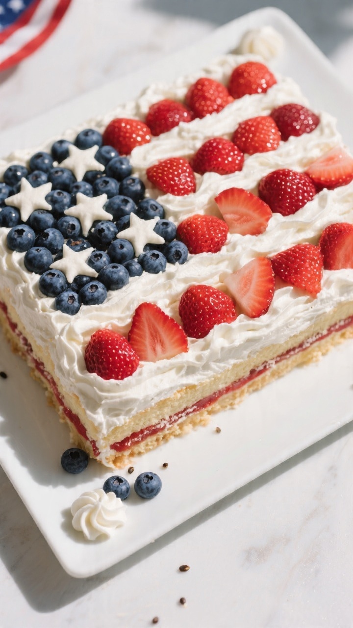 Final dish presentation: Berry Flag Sheet Cake fully assembled and chilled, smooth cloudlike whipped