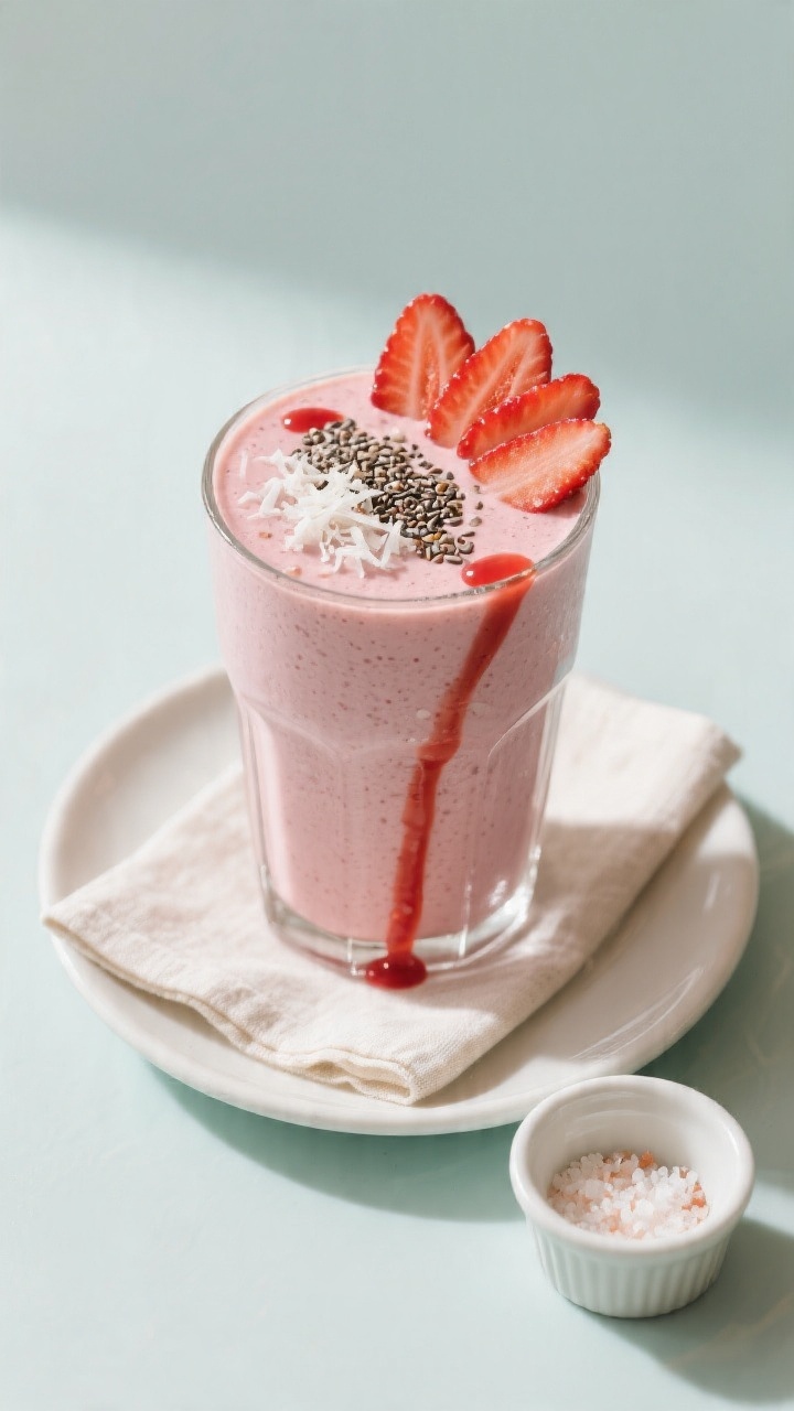 Final dish presentation: Café-worthy plated smoothie served in a tall glass on a small saucer, topp