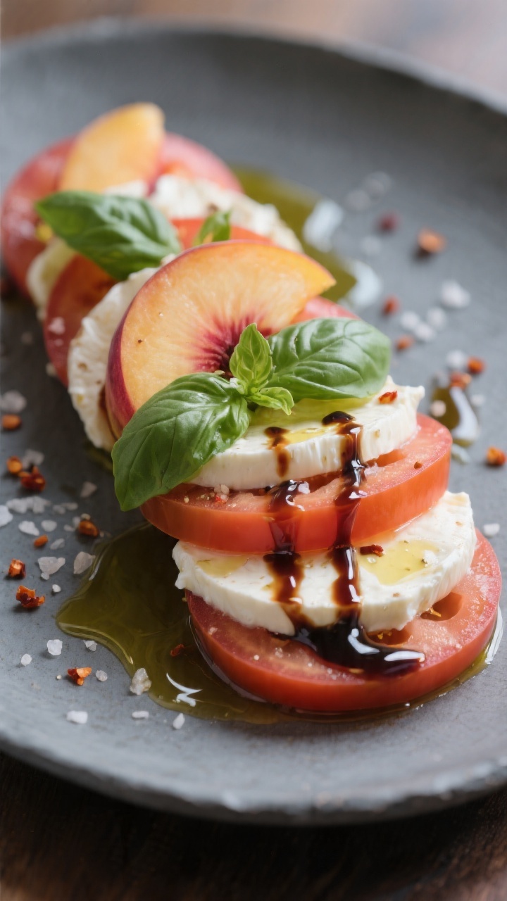 Final dish presentation – Caprese with a Twist: Beautifully plated caprese of thick heirloom tomat