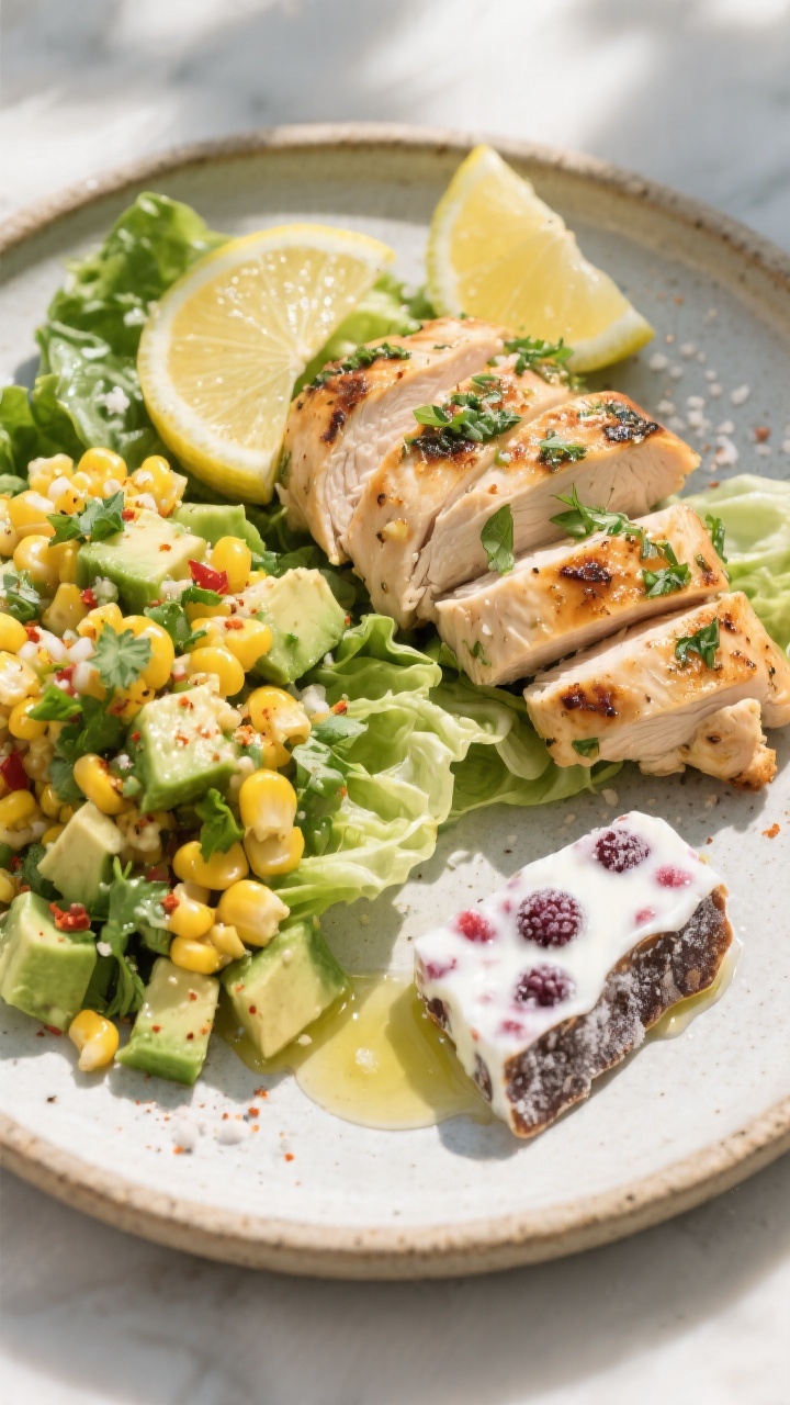 Final dish presentation: Composed summer plate featuring sliced herb-lemon grilled chicken over chop