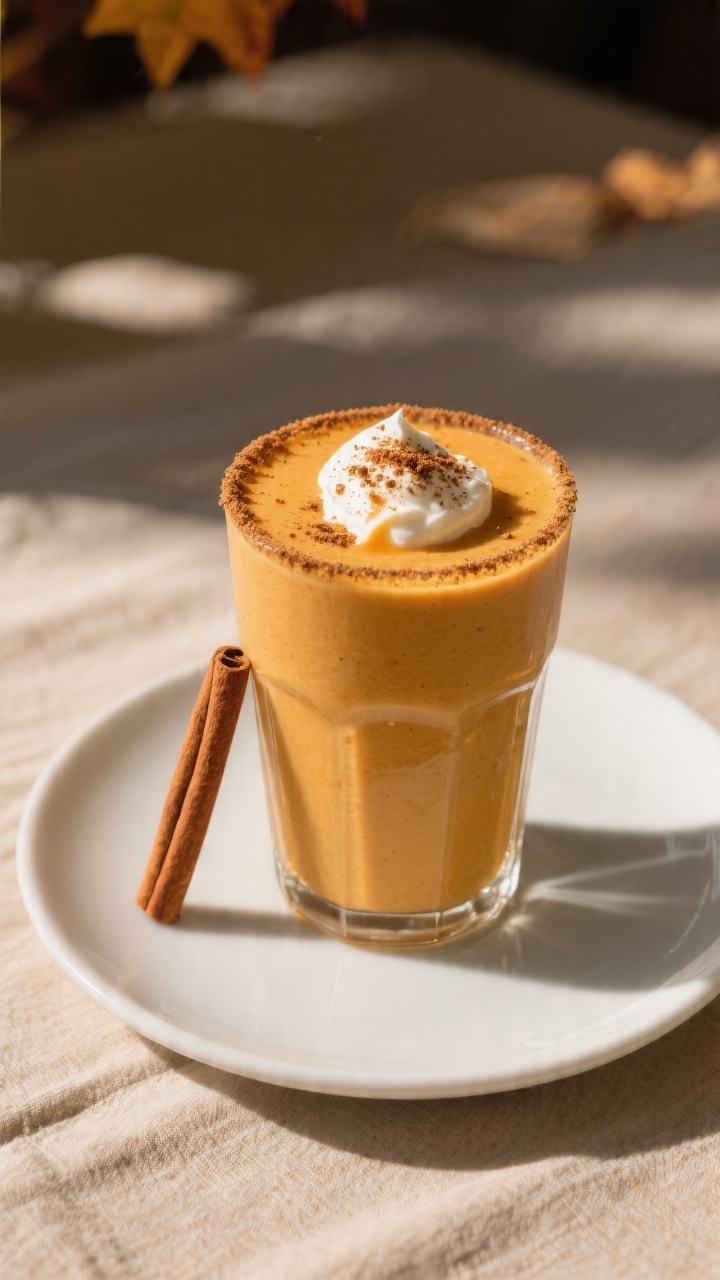 Final dish presentation: Creamy Pumpkin Smoothie served in a tall glass with a dollop of Greek yogur