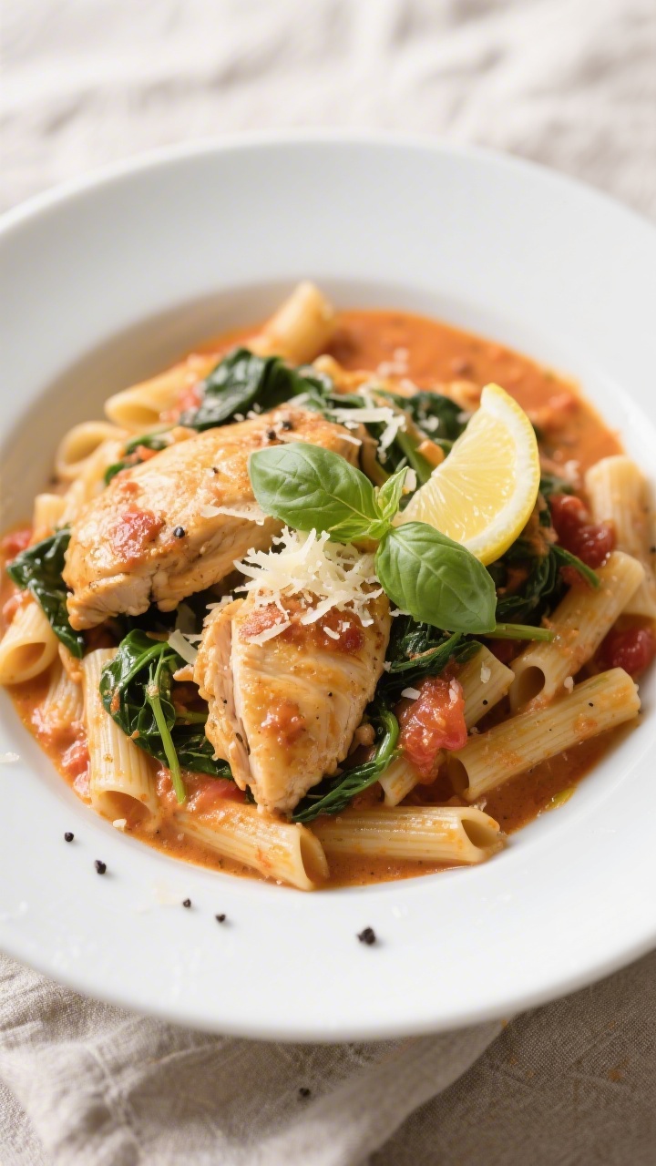 Final dish presentation: Creamy Tuscan Crockpot Chicken plated over al dente pasta in a wide white b