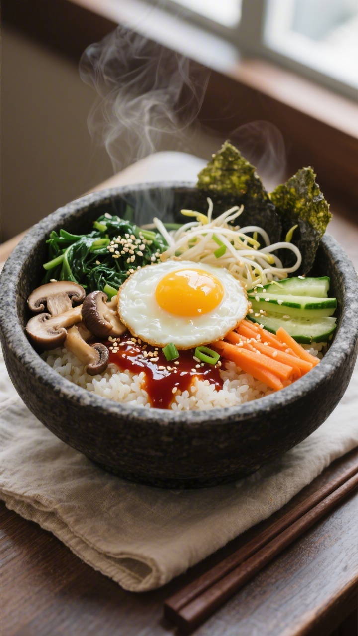 Final dish presentation: Dolsot-style bibimbap plated in a dark stoneware bowl with a bed of warm sh