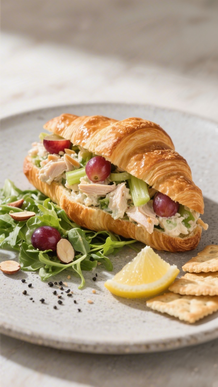Final dish presentation: Elegant croissant sandwich stuffed with the chicken salad, edges showing ju